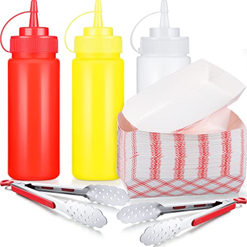 105 Pcs Hot Dog Accessories 3 Pcs 12 oz Squeeze Bottle 2 Cooking Tongs 100 Disposable Paper Food Tray Plastic Squirt Bottle Stainless Steel Locking Food Tongs Red White Checkered Food Boats for BBQ