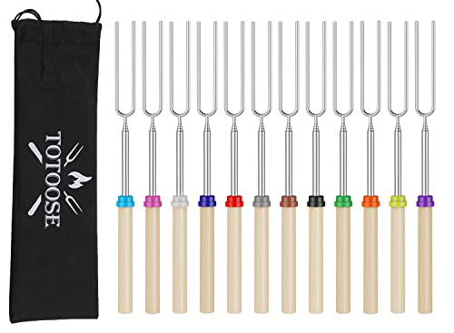 Extendable Marshmallow Smores Roasting Sticks  Set of 12 Telescoping Skewers  Hot Dog Forks with Wooden Handle for Fire Pit Campfire  32 inch Retractable Stainless Steel BBQ Kit for Outdoor Camping