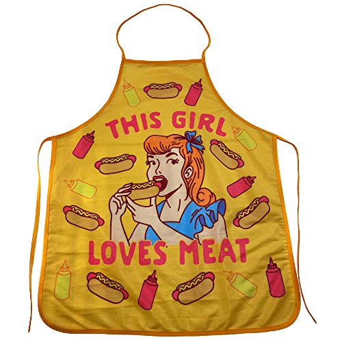 This Girl Loves Meat Apron Funny Hot Dog Backyard BarBQue Grilling Kitchen Smock (Apron)