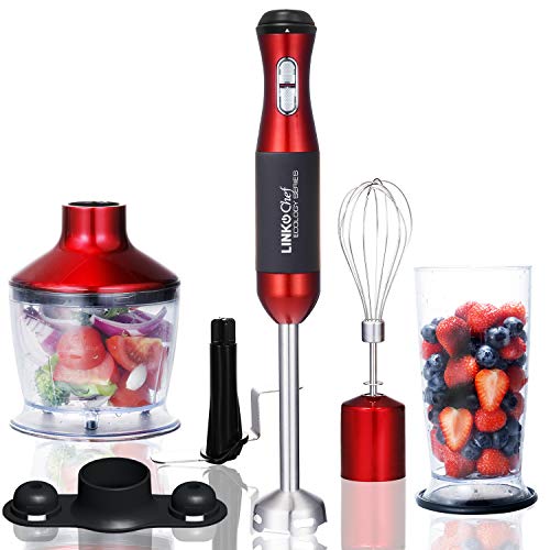 Immersion Blender LINKChef 4in1 Hand Blender Stick Powerful Low Noise Large 800ml Beaker Stainless Steel Whisk and 500ml Food Chopper BPAFree RedBlack(HB1230T)3 Years Warranty (Red and black)