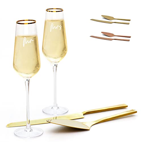 JA Homes Gold Cake Knife and Server Set with Champagne Flutes — Perfect for a Wedding Reception or Anniversary Party — Includes Cursive Printed Bride and Groom Glasses for Toasting