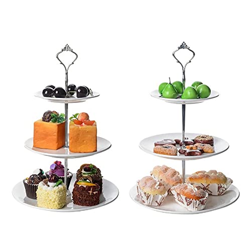 Tebery 2 Pack Ceramic Cake Stand Dessert Display Tower Stand  6 8 10 Inches 3Tier Serving Tray Platter Party Food Server Display Holder with Silver Carry Holder