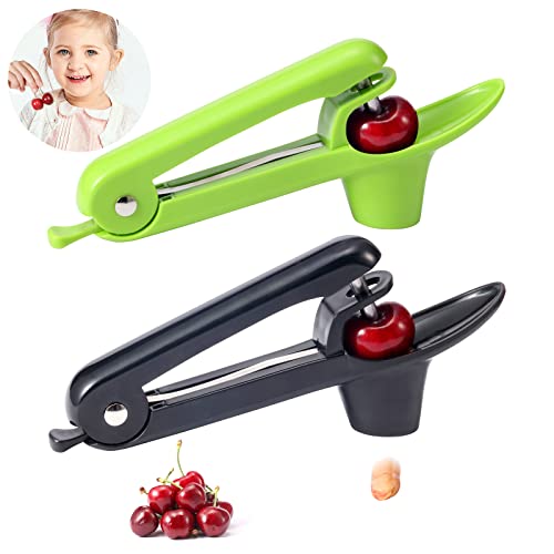 2 Packs Cherry Pitter Tools Cherry Seed Core Remover Olives Pitter Tool Stainless Steel Cherries Corer with SpaceSaving Lock Design (Black  Green)