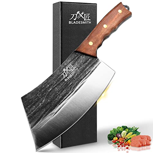 BLADESMITH Meat Cleaver Knife Forged Butcher Knife with Lightweight and Effortless Design Full Tang Chopping Knife with German High Carbon Steel Comfortable PearWood Handle 7 Chinese Chef Knife