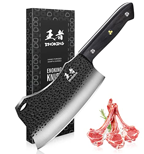 Cleaver Knife ENOKING Meat Cleaver Hand Forged Serbian Chefs Knife German High Carbon Stainless Steel Butcher Knife for Meat Cutting with Full Tang and Gift Box Chinese Cleaver for Kitchen  Outdoor