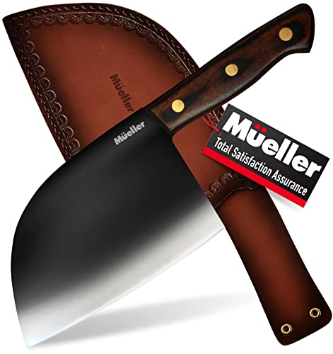 Mueller UltraForged Professional Meat Cleaver Knife 7 Handmade HighCarbon Clad Steel Serbian Chef Knife with Leather Sheath Full Tang Pakkawood Handle Multifunctional for Kitchen Camping BBQ