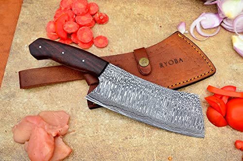 RYOBA Damascus Blade Cleaver Knife  Handmade Damascus chef cleaver With Leather Sheath  Suitable for Meat Bones and veggies Cutting
