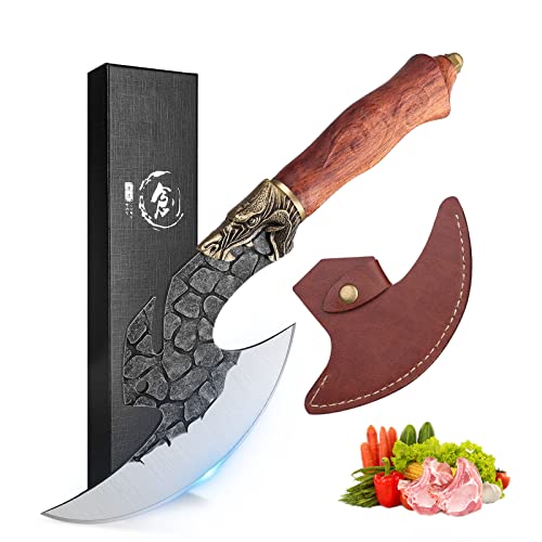 Sharp Meat Cleaver Hand Forged Butcher Boning Knife for Meat Cutting High Carbon Steel Cleaver Knife Vegetable Mincing Camp BBQ Viking Gift Men with Leather Knife Sheath Fathers Day Birthday