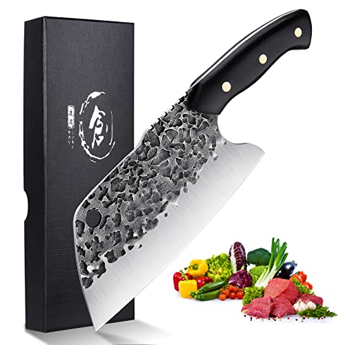 Upgraded Sharp Meat Cleaver Forged Chinese Chopping Knife Carbon Steel Butcher Knife Bone Chopper Sawtooth Spine Full Tang Handle with Leather Sheath for Home Kitchen Restaurant
