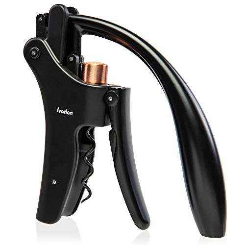 Ivation Wine Bottle Opener  Manual Handheld Corkscrew with Ergonomic Lever Pump Standing Vertical Design Soft Bottleneck Grip Nonstick Screw  Easy NoTwist Cork Removal  Black  Bronze Stainless