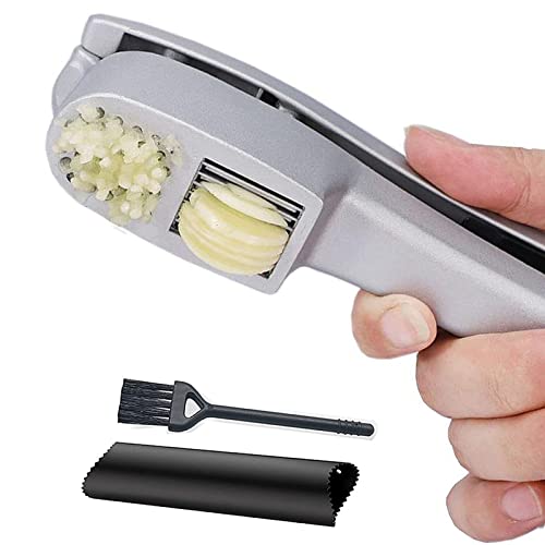 Garlic Press 2 in 1 Garlic Mince and Garlic Slice with Garlic Cleaner Brush and Silicone Tube Peeler Set Easy Squeeze Rust Proof Dishwasher Safe Easy Clean