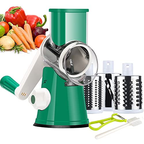 Rotary Cheese Grater Shredder Ourokhome Round Mandolin Slicer Vegetable Cutter with 3 Stainless Steel Drum Blades Food Grinder for Veggie Potato Carrot Nuts Garlic Radish etc Emerald