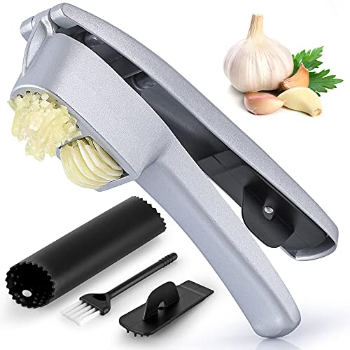 Zulay 2in1 Garlic Press Set  Dual Function Garlic Mincer  Slicer  Heavy Duty Easy Squeeze Garlic Crusher with Cleaning Brush  Silicone Garlic Tube Peeler