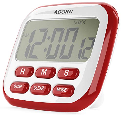 Adorn Kitchen Timer 24Hours Digital Timer Multifunctional with Clock for Cooking Loud Alarm  Strong Magnet CountUp  Down for Kitchen Baking Sports Games Office Study (Battery Included) (Red)