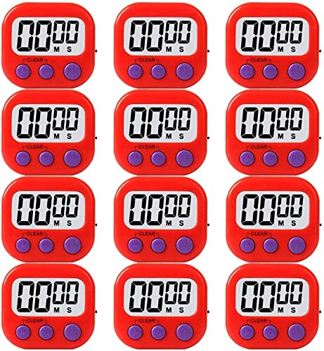 LinkDm 12 Pack Small Digital Kitchen Timer Magnetic Back and ONOff SwitchMinute Second Count Up Countdown (Red)