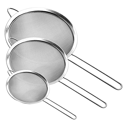 Fine Mesh Strainer Stainless Steel Fine Mesh Sieve Set of 3 Small Strainers Fine Mesh for Kitchen Silver Colander Sieve Sifter with Long Handle 32 53 78