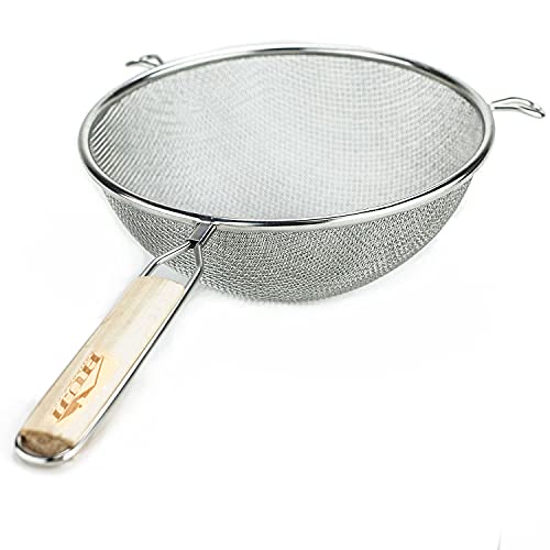 Huji Stainless Steel Fine 8 Double Mesh Food Strainer Colander Sieve Sifter with Wooden Handle for Kitchen Rice Pasta Noodles (1 Pack 8)