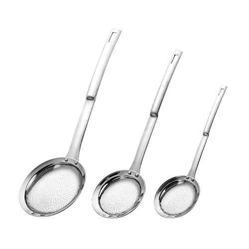 Hvanam Sieve Fine Mesh Strainer Set Stainless Steel Metal Flat Cooking Skimmer Ladle Colander With Handle Food Strainer Kitchen Tools For Kitchen Baking Oil Filter Flour Sifter FoamL M Small 3Pack