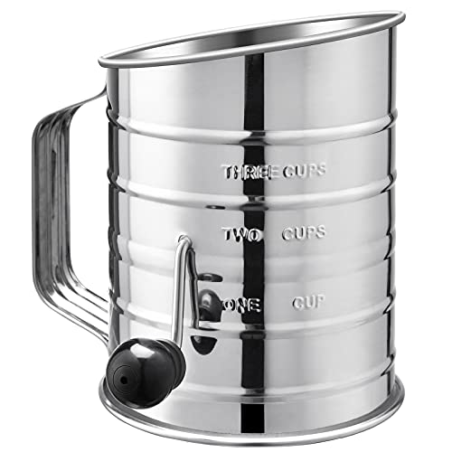 UTaste Stainless Steel 3 Cup Flour Sifter with 4 Wire Agitators for Quick Sifting 1 Cushion Ring Crank Plastic Handle Stamped Measurement 20 Fine Mesh for Baking Flour Powered Sugar