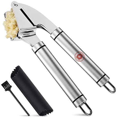 Alpha Grillers Garlic Press Stainless Steel Mincer and Crusher with Silicone Roller Peeler Rust Proof Easy Squeeze Dishwasher Safe Easy Clean
