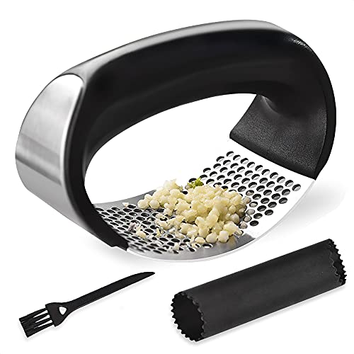Cuisinly  Garlic Press  Garlic Press Stainless Steel  Garlic Press Rocker  Garlic Chopper  Garlic Crusher  Garlic Mincer  With Free Silicone Garlic Peeler and Cleaning Brush