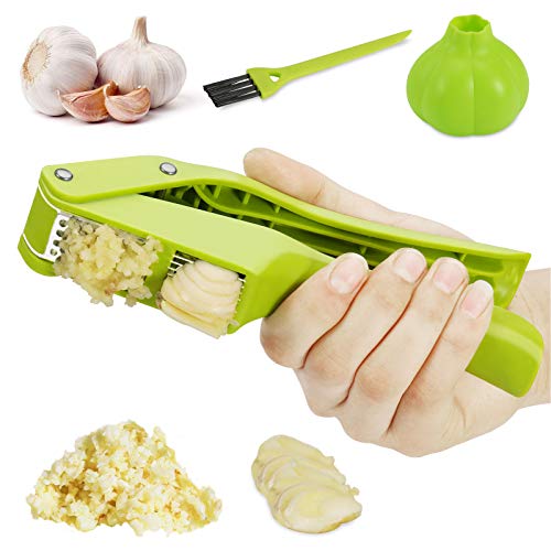 Garlic Press  2in1 Garlic Mincer and Slicer  Large Garlic Presser Crusher with Cleaning Brush and Peeler  FoodGrade ABS and StainlessSteel Garlic Press with Ergonomic Handle  Easy to use