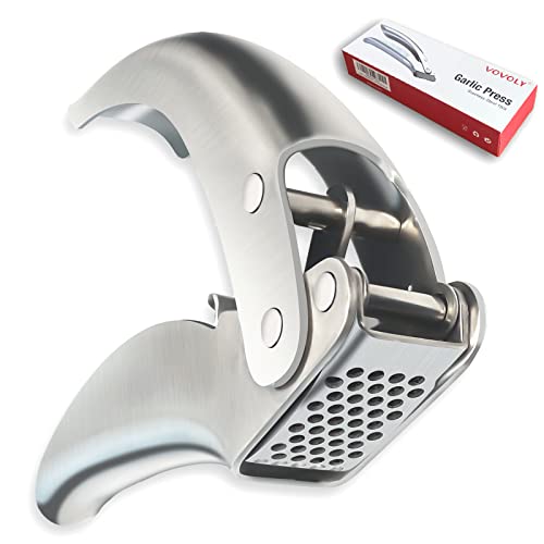 VOVOLY Premium Garlic Press Stainless Steel No need to Peel Garlic Presser Heavy Duty Professional Grade Double LeverAssisted Garlic Mincer with High Capacity Chamber Easier Clean Garlic Crusher