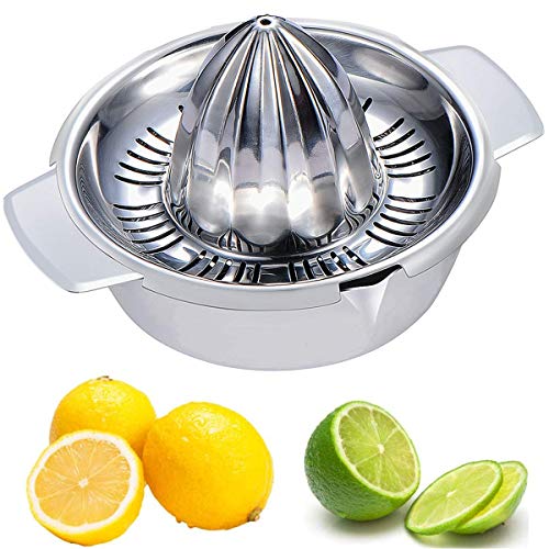 Citrus Lemon Orange Grapefuit Juicer Manual Squeezer Stainless Steel 304 Robust Hand Juicer Reamer Rotation Press with Strainer＆12 OZ Bowl 2 Pour Spouts Dishwasher Safe Easy to Clean Heavy Duty