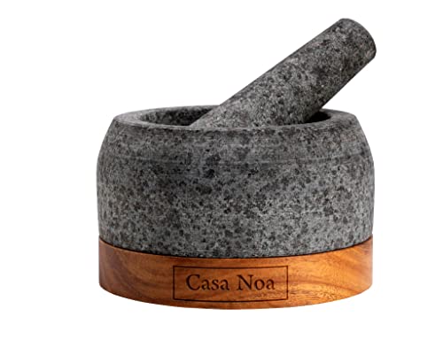 Casa Noa Mortar and Pestle Set with Wood Base  Heavy  Solid Unpolished Granite  100 Natural Large Guacamole Bowl Stone Grinder Molcajete Bowl AntiScratch 18 Cup Capacity 58Inch Pestle