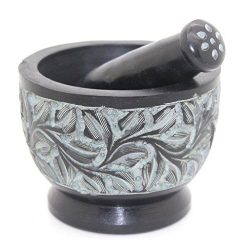 Govinda  Black with Carved Vines Soapstone Mortar and Pestle  4 Inch Dia X 3 Inch Tall