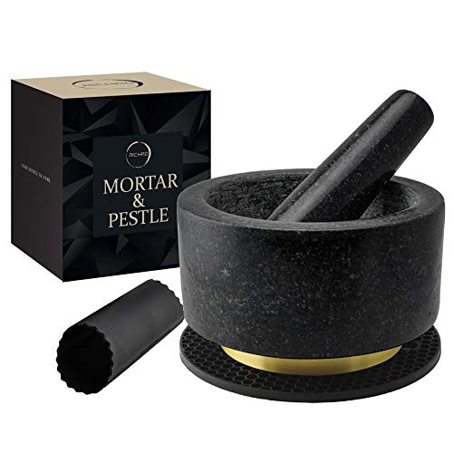 Mortar and Pestle Set 100 Natural Heavy Granite 55 inch 2 Cups Capacity  Solid Stone Grinder Pestle and Mortar Bowl  with Silicone Garlic Peeler and Mat  Guacamole Mortar  Pestles Set Large