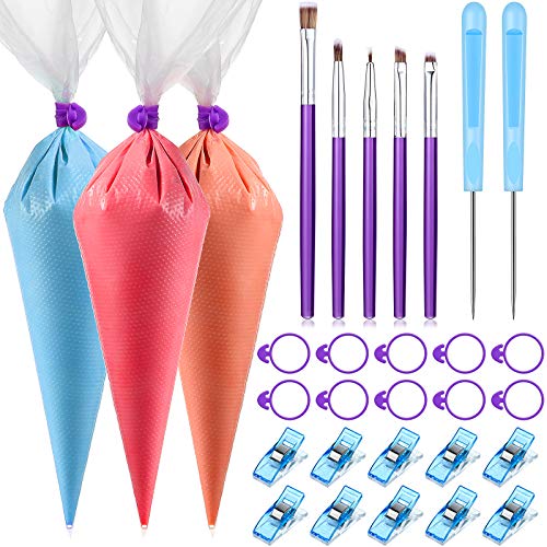 127 Pieces Cookie Cake Decorating Tool Set 100 Pieces 12 Inch Disposable Piping Pastry Bag with 10 Clips 5 Cookie Brushes 10 Bag Ties and 2 Scriber Needles for Cake Frosting Icing and Decorating