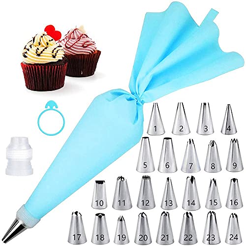 27Pcs Piping Bags and Tips Set Cake Decorating Kit for Baking with Reusable Pastry Bags and 24 Numbered Tips Standard Converters Silicone Rings Cake Decorating Tools