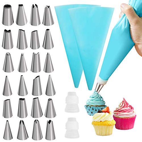 31Pcs Piping Bags and Tips Set2 Reusable Pastry Bags With 24 Stainless Steel Decorating Icing Tips3 Smoother  2 CouplersSilicone Icing Bags Tips For Cakes Cupcakes Cookies Baking Tools