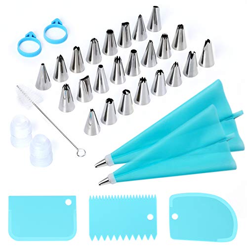 34Pcs Piping Bags and Tips Set Bake Cake Decorating Kit with 24 Stainless Steel Tips 2 Reusable Silicone Pastry Bags 3 Icing Smoother 2 Couplers 2 Frosting Bags Ties and 1Pipe Brush