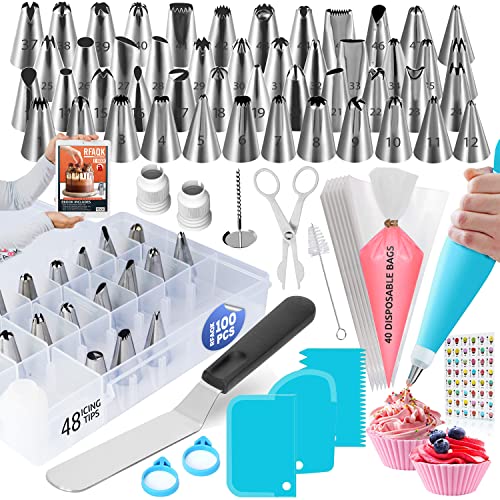 100PCs Icing Piping Bags and Tips SetCookieCupcake Icing Tips Cake Decorating Kit Baking Supplies48 Numbered Cake Frosting Piping Tips with Reusable Disposable Pastry Bags with Pattern ChartEbook