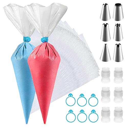 118 Pieces Disposable Piping Bags and Tips Set  100Pcs 12 Inch Plastic Pastry Bags Royal Icing Piping Bags 6 Different Icing Bags Tips 6 Piping Bags Couplers and 6 Frosting Bags Ties