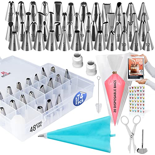 74PCs Icing Piping Bags and Tips SetCookieCupcake Icing Tips Cake Decorating Kit Baking Supplies 48 Numbered Cake Frosting Piping Tips with Reusable Disposable Pastry Bags with Pattern ChartEbook