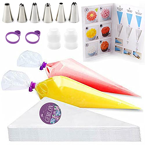 GEMLON Disposable Icing Piping Bags and Tips Set 100Pcs 12 Inch Clear Plastic Pastry Bags Icing Piping Bags CookiesCupcakeCake Decorating Tool Supplies with Frosting Bags6 Tips2 Couplers2 Ties