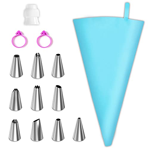 Riccle Reusable Piping Bag and Tips Set  Strong Silicone Icing Bag and Tips  Ideal Icing Piping Kit of 1 Reusable Pastry Bag1 Coupler 10 Icing and Frosting Tips with 2 Bag Ties
