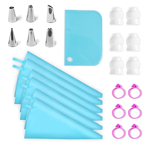 Riccle Reusable Piping Bags and Tips Set  Strong Silicone Icing Bags with Tips  25 Pcs Cake Decorating Kit of 6 Pastry Bags 12 14  16 Inch  6 Couplers 6 Frosting Tips 6 Bag Ties Cake Scraper