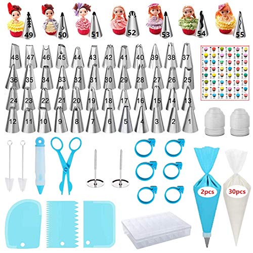 YOQXHY 106 Pcs Piping Tips and Bags Set with 48 Numbered Icing Tips7 Numbered Korean Skirt Tips32 Pastry Bags2 Couplers 3 Comb Scrapers6 Ties2 Flower Nails1 Cake Pen for Cake Decorating
