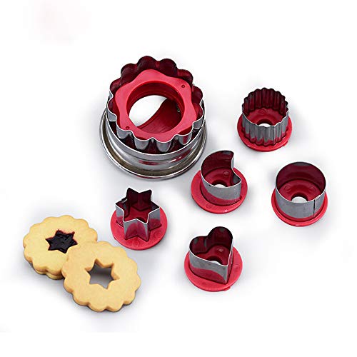 VolkRose Mini Metal Linzer Cookie Cutters Set Stainless Steel Biscuit Vegetable Fruit Cutters Molds with Heart Flower Star Moon Round Shapes for Kitchen  Dining Red 6 Pcs