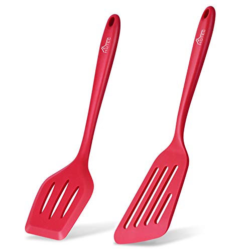 HOTEC Silicone Slotted Fish Turner Spatula Set Flipper Spatulas for Baking Cooking Heat Resistant Non Stick Cookware Strong Dishwasher Safe Red2