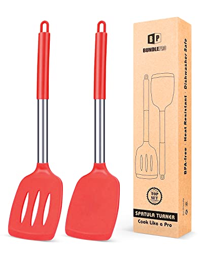 Pack of 2 Silicone Solid Turner Non Stick Slotted Kitchen Spatulas High Heat Resistant BPA Free Cooking Utensils Ideal Cookware for Fish Eggs Pancakes (Red)
