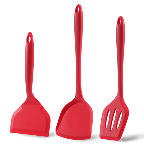 Silicone Turner Spatulas for Cooking 3 Pieces Set Nonstick Kitchen Wok Turner Large Wide Fish Spatula  Slotted Spatula for Burger Omelets Pancake Egg Filpper Heat Resistant 480℉ Red