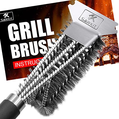 SAWKIT Grill Brush and ScraperSafe 18 Stainless Steel Woven Wire 3 in 1 BBQ Brush Cleaning Tools Accessories for Outdoor Barbecue Set Grill BrushesIdeal Gift BBQ Grill Cleaning Brush