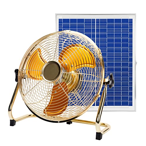 14 Inch Portable Golden All Metal Made Table Fan Wireless Rechargeable Fan with Solar Panel Powered and AC Charger Dual Input for Indoor Housing Office Camping Fishing Outdoors