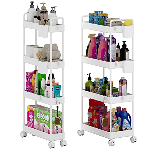 2 Pack 4 Tier Slim Storage Cart Bathroom Organizer Laundry Room Organization Rolling Utility Cart with Wheels Mobile Shelving Unit Slide Out Cart for Pantry Bathroom Kitchen Office Narrow Places
