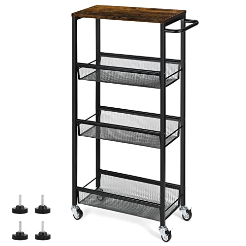 4 Tier Slim Storage Cart Shelving Unit for Small Space Slide Out Narrow Kitchen Cart with Wooden Top Metal Handle and Wire Mesh for Narrow Space on Kitchen Bathroom Laundry Room Rustic Brown